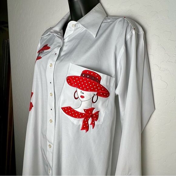 The Red Hat Society Embroidered White Button Down Applique Shirt Long Sleeve M - Picture 2 of 12